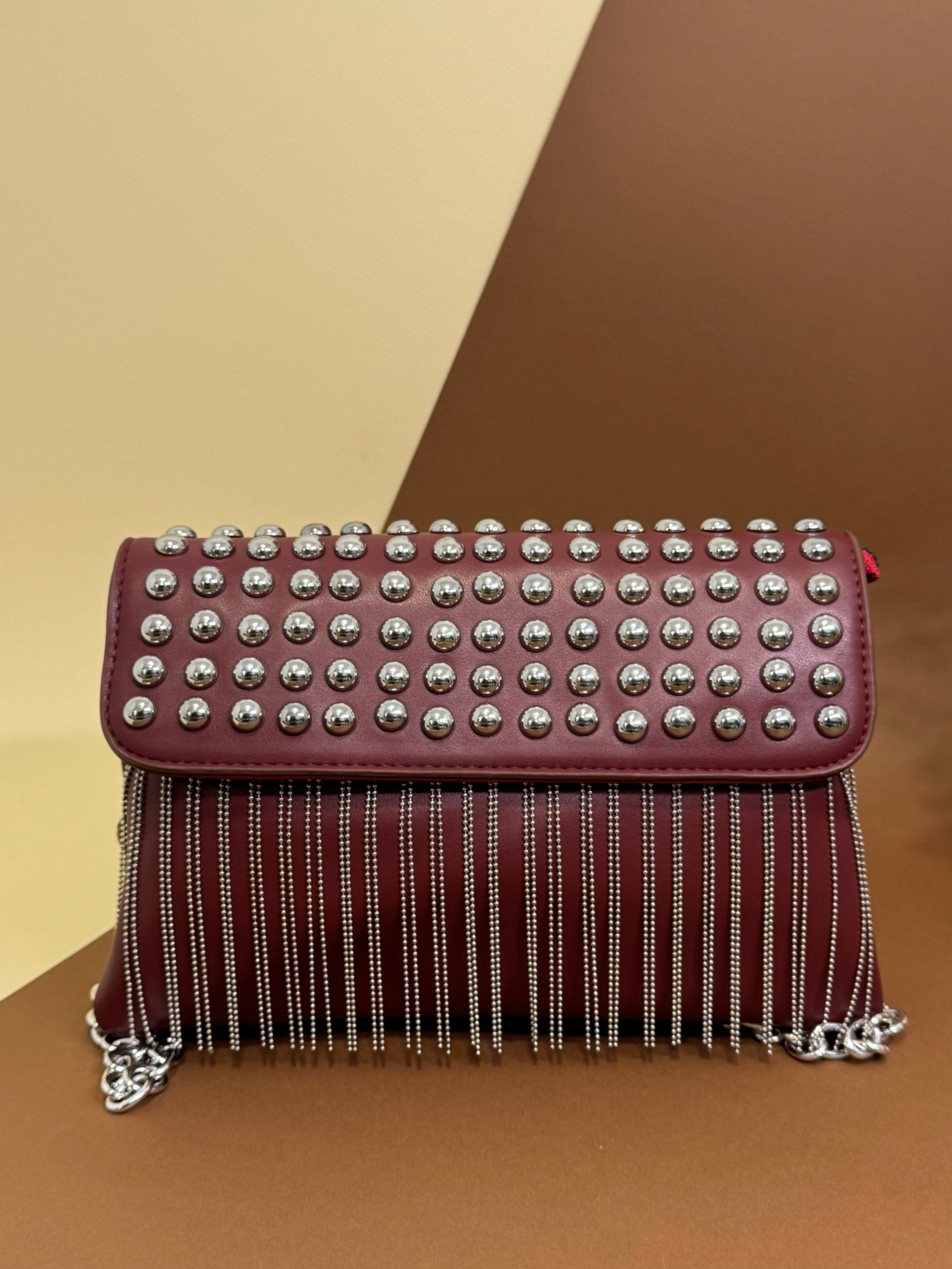 Burgandy studded Fringe Bag