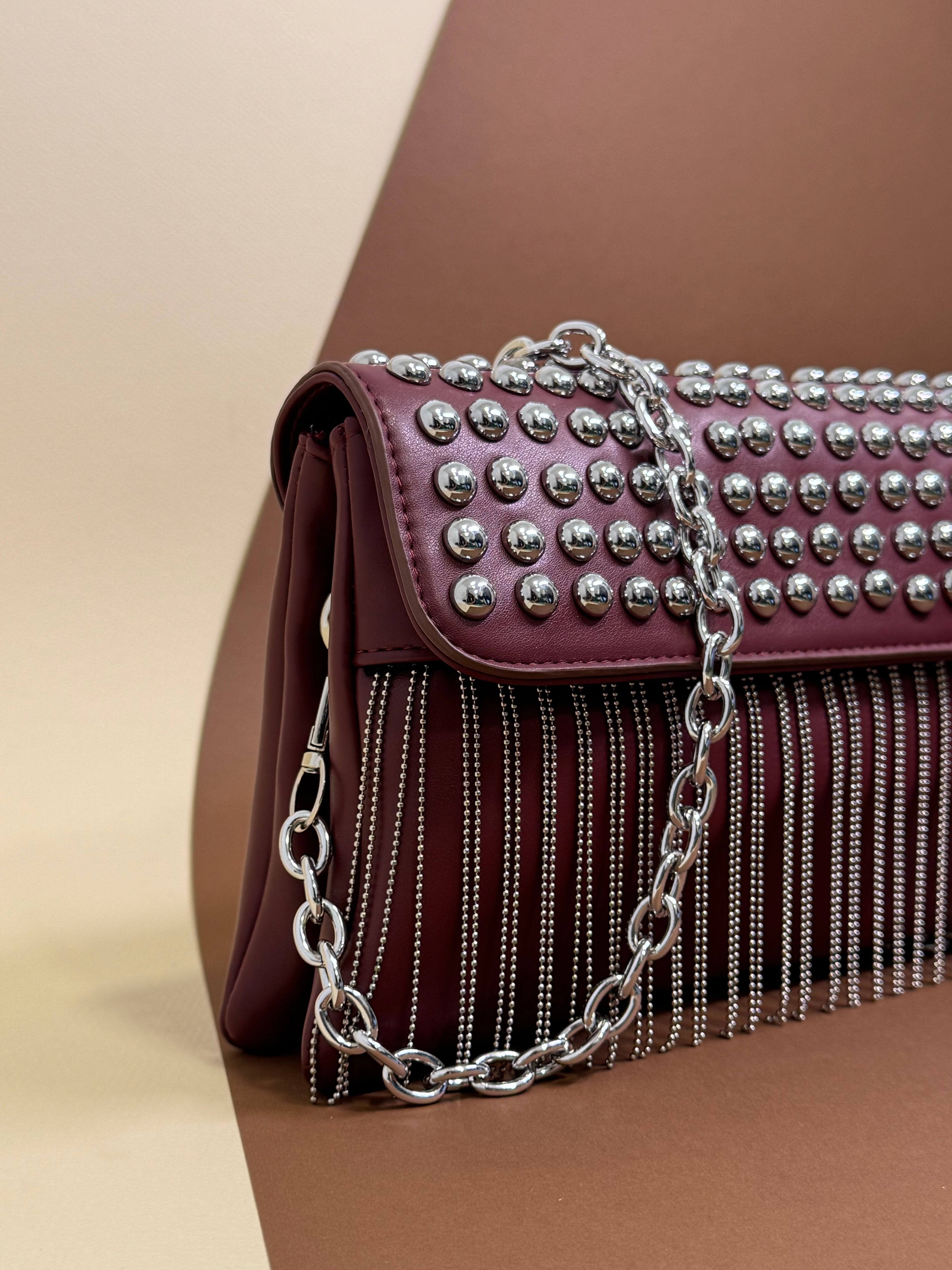 Burgandy studded Fringe Bag