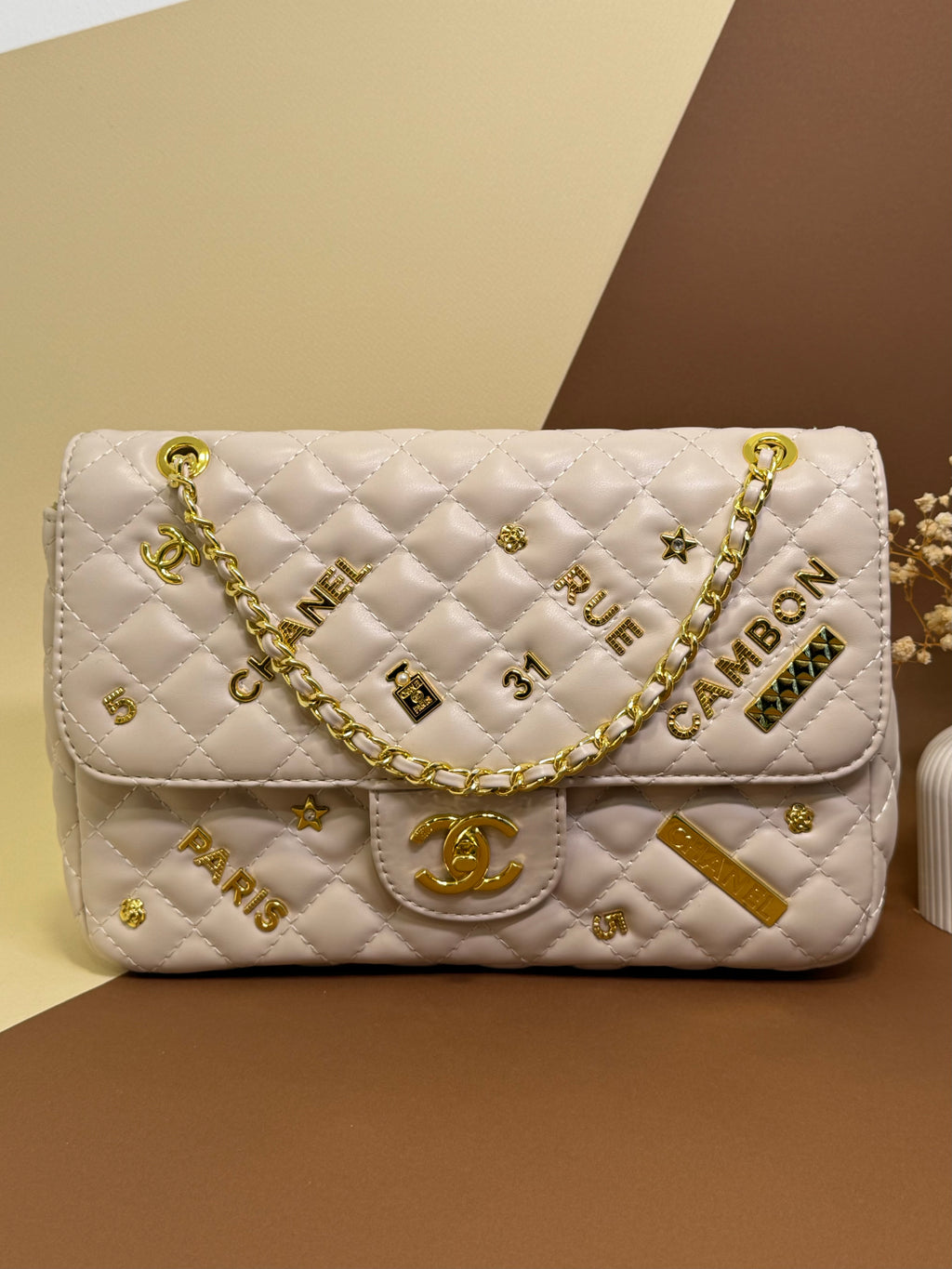 Beige Quilted Chain Shoulder Bag
