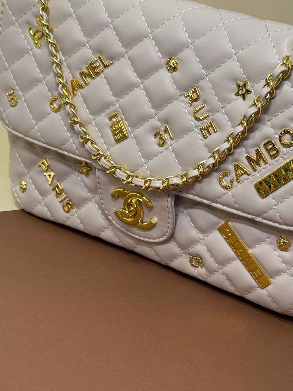 Beige Quilted Chain Shoulder Bag