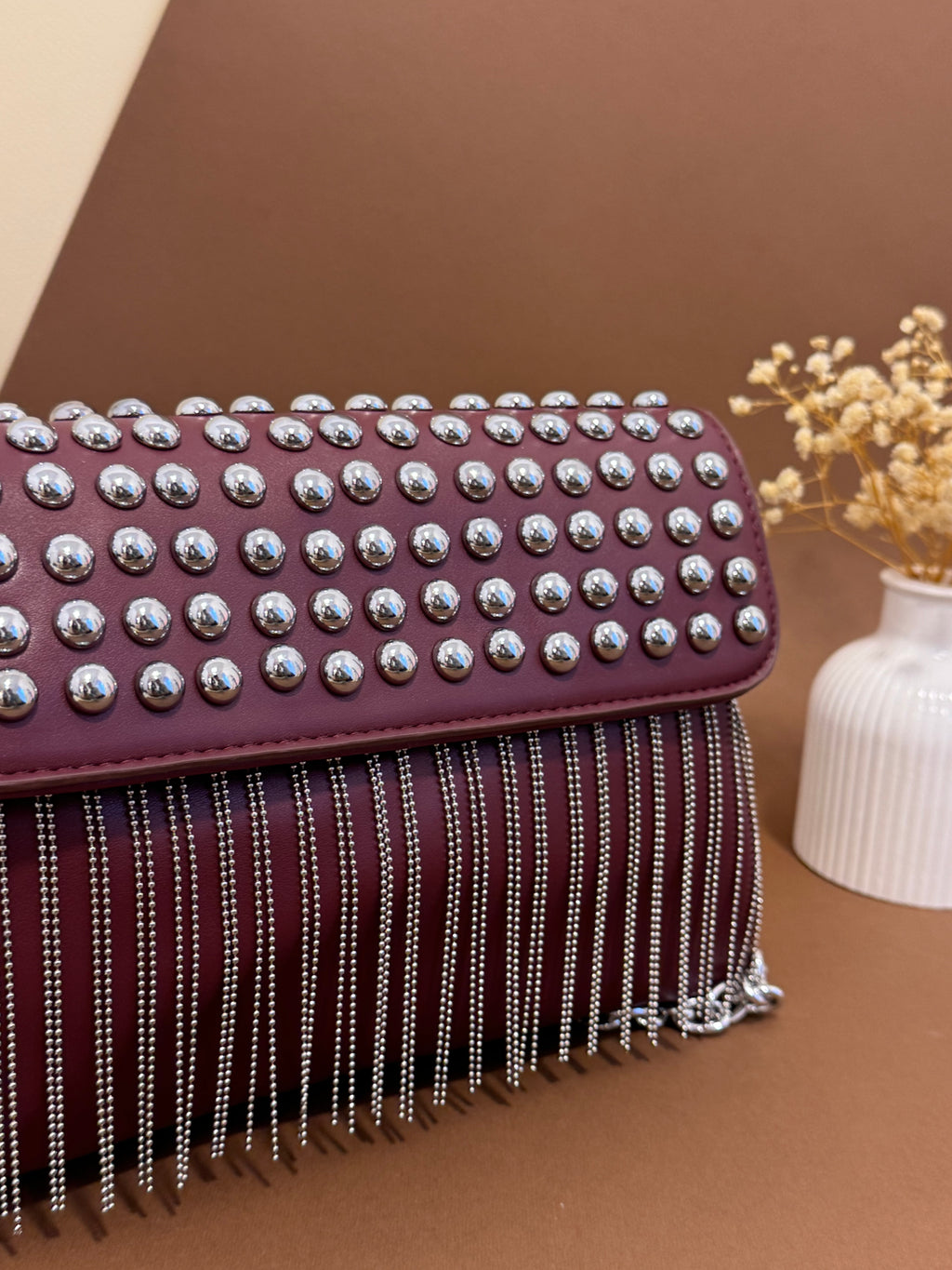 Burgandy studded Fringe Bag