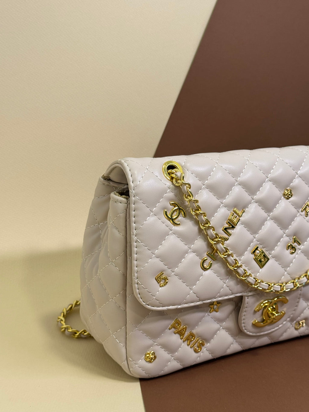 Beige Quilted Chain Shoulder Bag